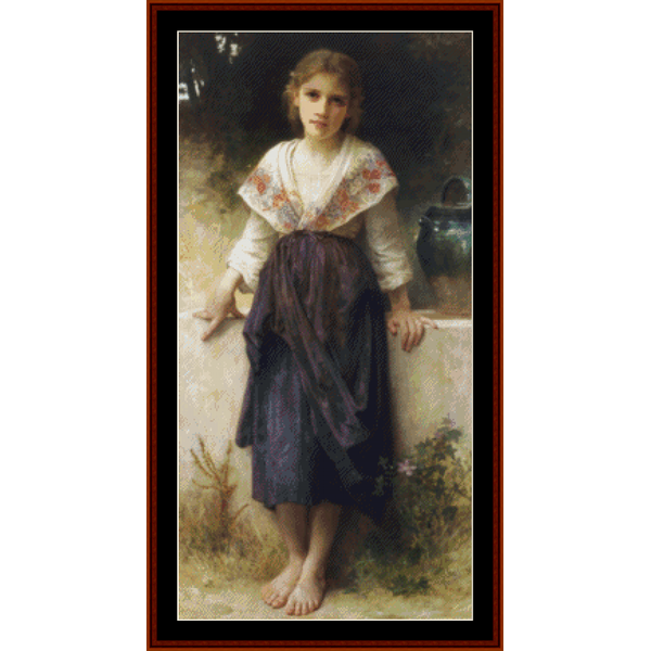 Counted Cross Stitch Pattern by Cross Stitch Collectibles of a young girl in a floral blouse and purple skirt standing outdoors.