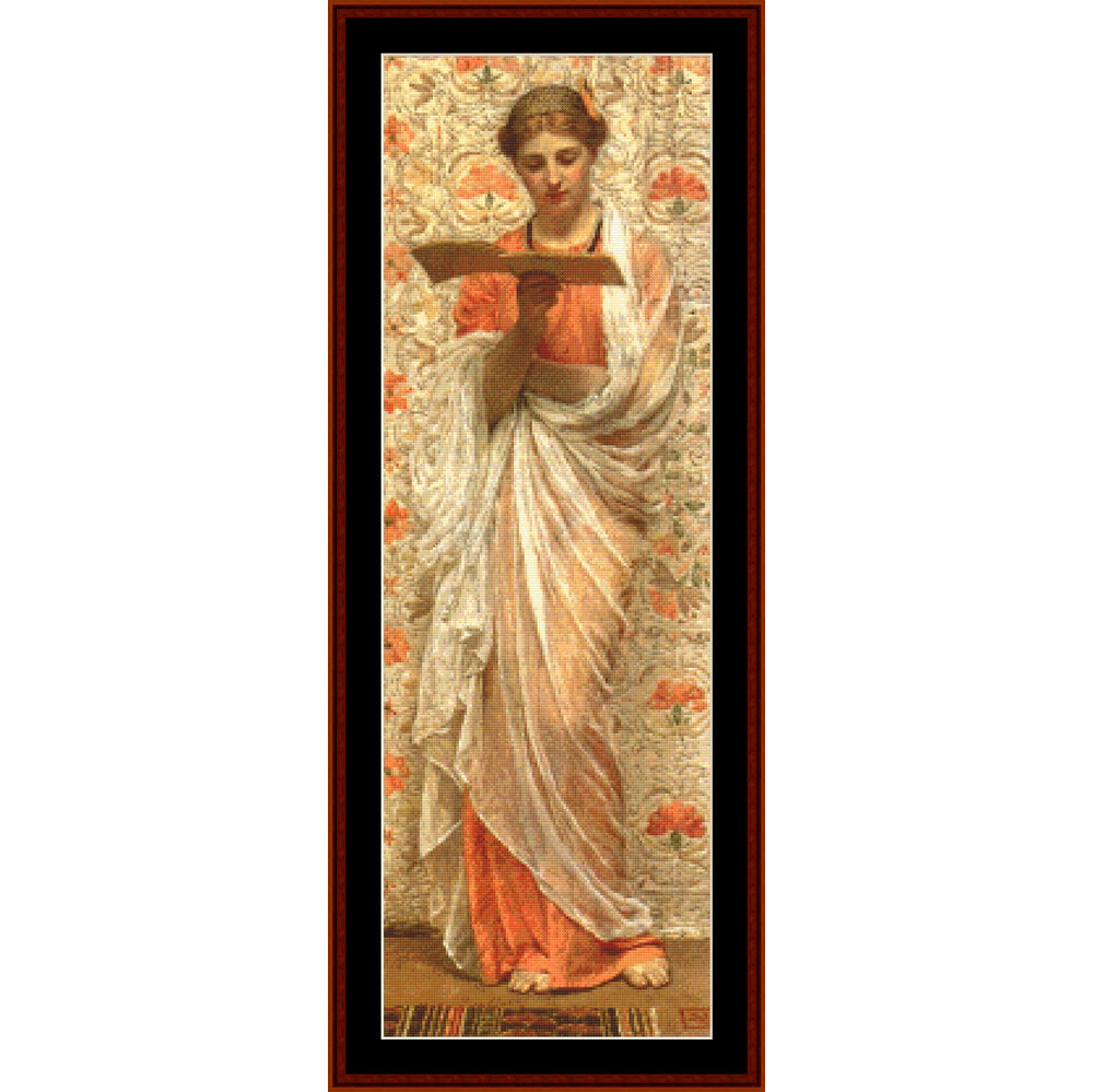 Counted Cross Stitch Pattern by Cross Stitch Collectibles of a classical woman holding a tablet against a floral patterned background