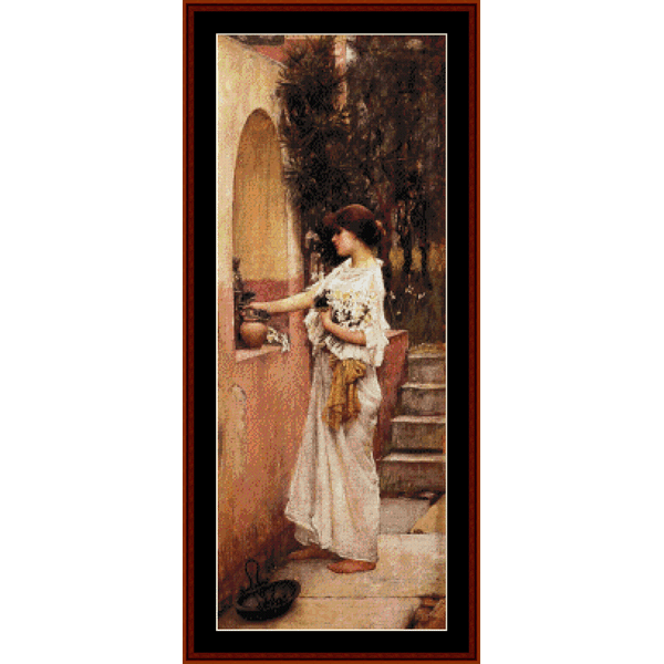 Vintage-style Counted Cross Stitch Pattern by Cross Stitch Collectibles of a woman in a white dress holding flowers, standing in a garden.