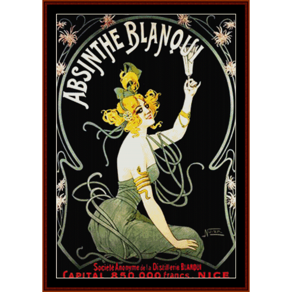 Counted Cross Stitch Pattern by Cross Stitch Collectibles titled 'Absinthe Blanqui' featuring a woman with a flower wreath and a butterfly, in a black, green, and yellow color scheme.