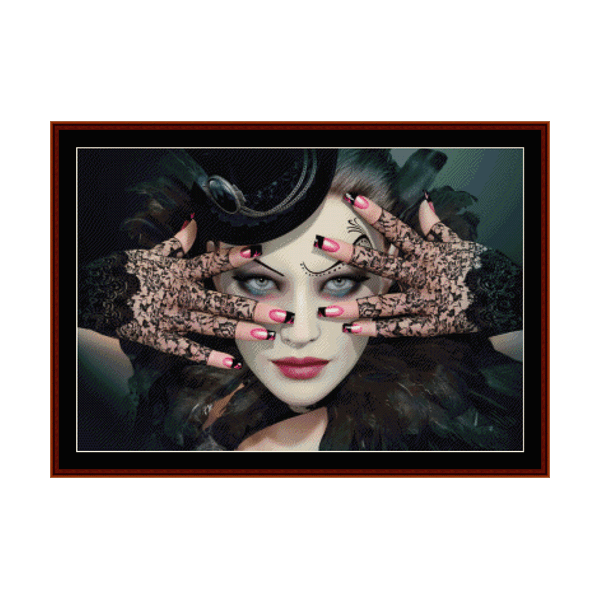 Cross stitch pattern by Cross Stitch Collectibles featuring a fantasy-themed design with black and white colors, and a close-up of a woman's hands showcasing the stitch pattern detail.