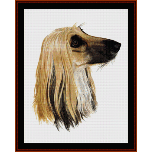 A Counted Cross Stitch Pattern by Cross Stitch Collectibles depicting the head of a long-haired dog, an Afghan hound, in a black and white image.