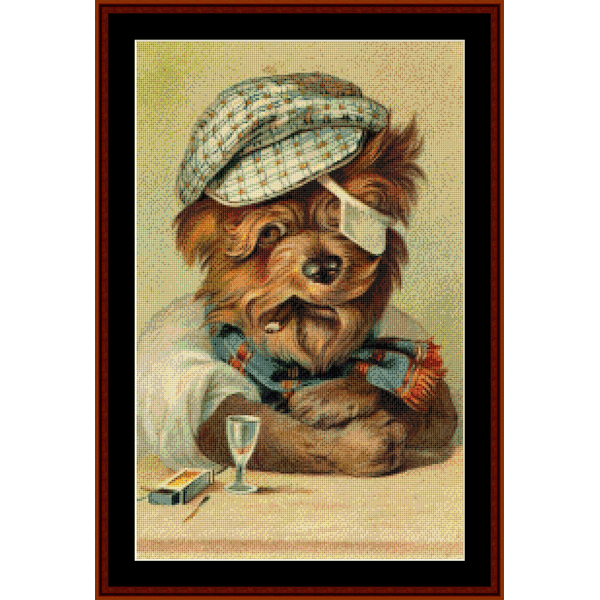 Counted Cross Stitch Pattern by Cross Stitch Collectibles depicting a whimsical image of a dog wearing a hat and monocle, sitting at a table with a glass of wine.
