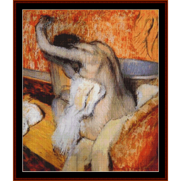 Counted Cross Stitch Pattern by Cross Stitch Collectibles of a nude figure with a textured orange background