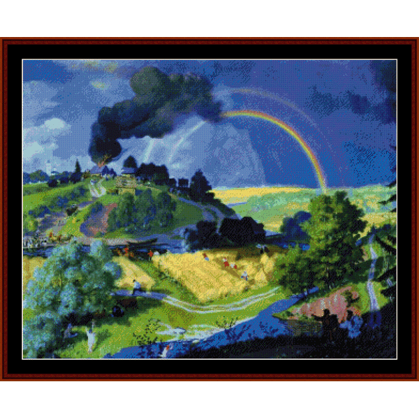 Counted Cross Stitch Pattern by Cross Stitch Collectibles of a landscape with a rainbow and a village under a stormy sky, Boris Kustodiev style.