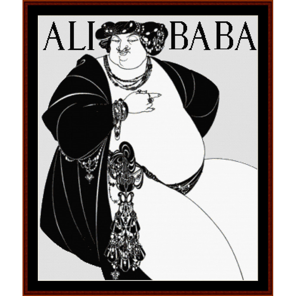 A black and white Counted Cross Stitch Pattern by Cross Stitch Collectibles of Ali Baba character, with ornate clothing and accessories, reminiscent of the 1897 artwork by Aubrey Beardsley.