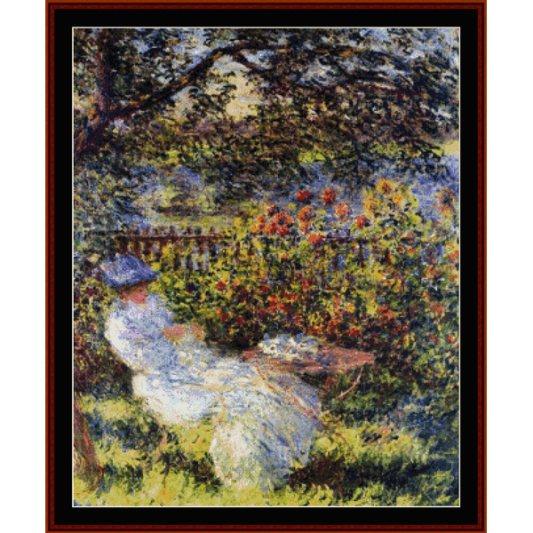 Counted Cross Stitch Pattern by Cross Stitch Collectibles depicting a scene with a person seated in a garden setting, with a colorful floral backdrop.