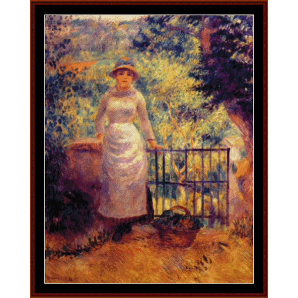 Counted Cross Stitch Pattern by Cross Stitch Collectibles depicting a woman standing at a gate, with a style inspired by Pierre Auguste Renoir's artwork.
