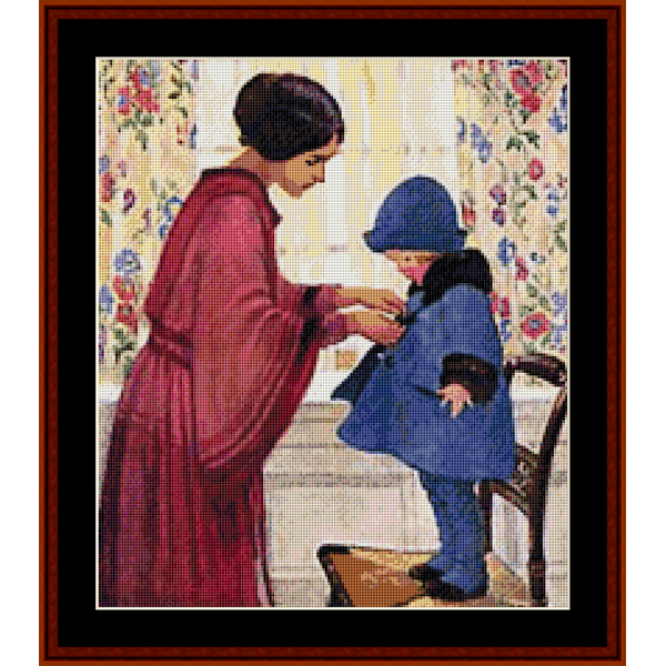 Counted Cross Stitch Pattern by Cross Stitch Collectibles of a woman helping a child put on a coat against a floral curtain background.
