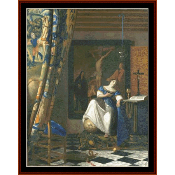 Counted Cross Stitch Pattern by Cross Stitch Collectibles of a woman in a room with a checkered floor and decorative elements.