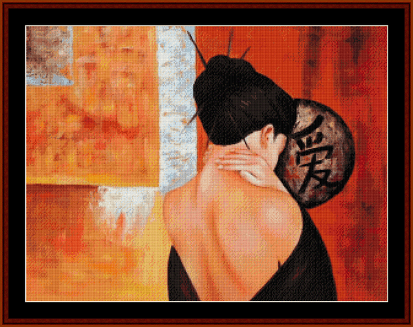 Counted Cross Stitch Pattern by Cross Stitch Collectibles depicting the back view of a person with a traditional Asian hat, in shades of black, white, and red with a geometric pattern in the background.