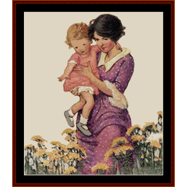 Counted Cross Stitch Pattern by Cross Stitch Collectibles of a woman holding a child in a field of flowers