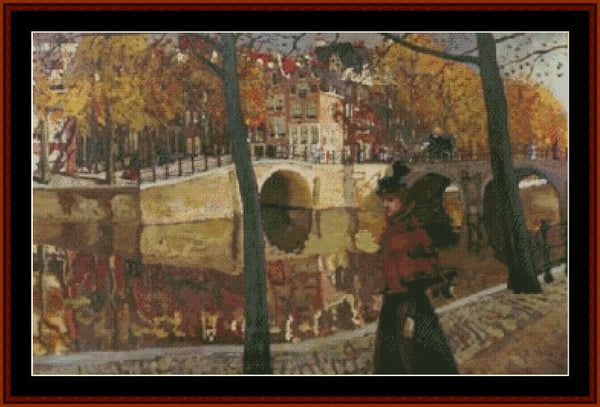 Counted Cross Stitch Pattern by Cross Stitch Collectibles of a painting featuring a woman in a red dress reflecting in a canal, with trees and a bridge in the background.