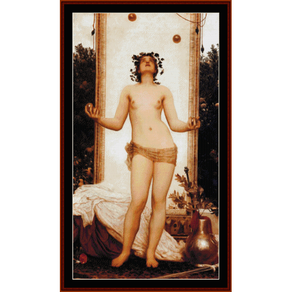 Counted Cross Stitch Pattern by Cross Stitch Collectibles - Nude figure standing in a classical setting with draped fabric and decorative elements.