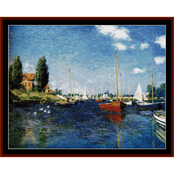 Counted Cross Stitch Pattern by Cross Stitch Collectibles of a Monet painting depicting a harbor scene with sailboats.