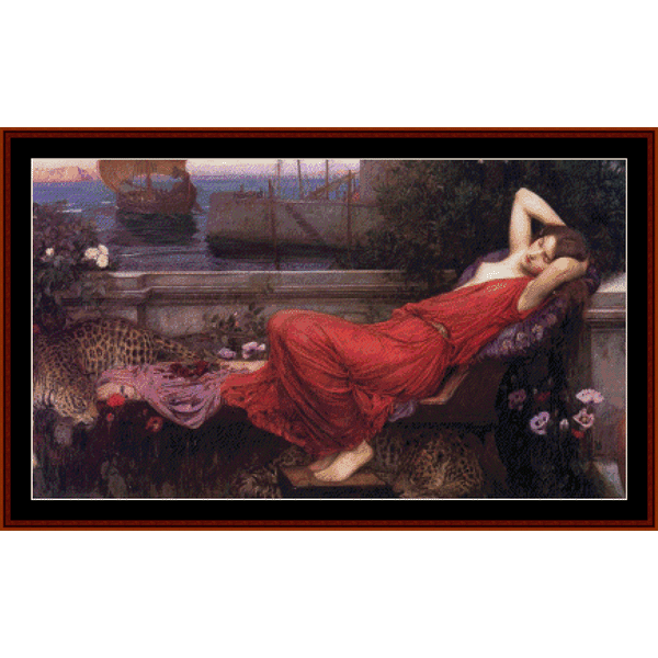 Counted Cross Stitch Pattern by Cross Stitch Collectibles depicting a person in a red dress reclining, with boats and a landscape in the background.