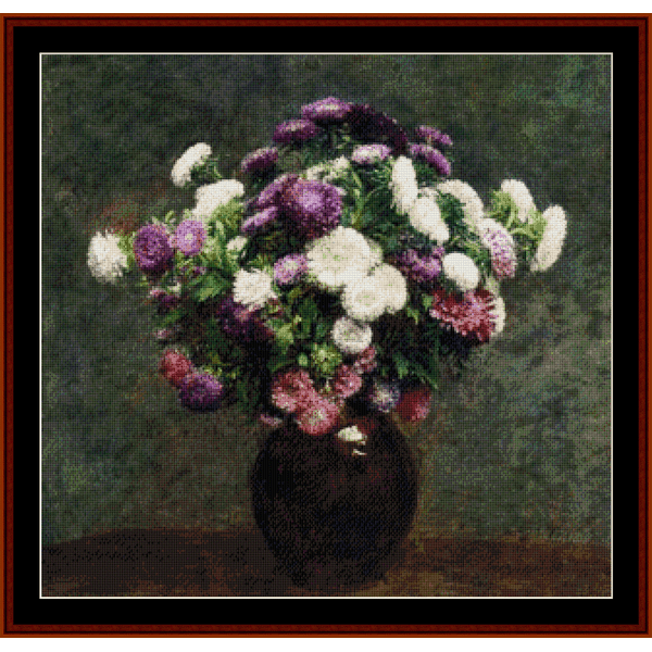 Counted Cross Stitch Pattern by Cross Stitch Collectibles depicting a vase of multicolored flowers, primarily in purple and white tones.