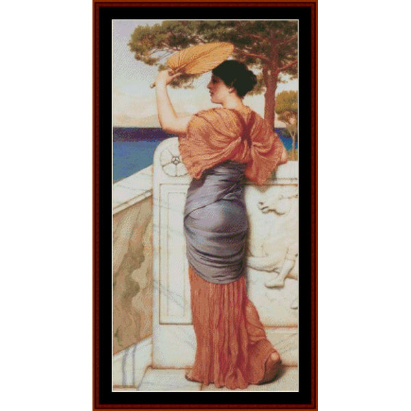 Counted Cross Stitch Pattern by Cross Stitch Collectibles of a woman in an orange dress by a body of water