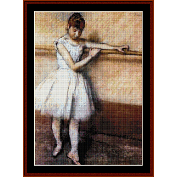 Counted Cross Stitch Pattern by Cross Stitch Collectibles of a young girl in a white ballet outfit with her hand on a ballet barre