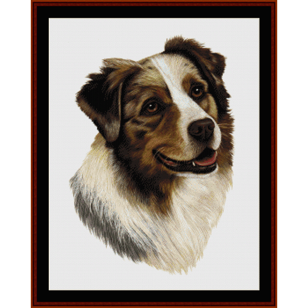 Counted Cross Stitch Pattern by Cross Stitch Collectibles depicting the head of an Australian Shepherd dog with a black and white chart in the background.