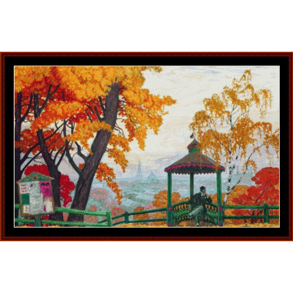 Counted Cross Stitch Pattern by Cross Stitch Collectibles depicting a autumnal scene with orange trees and a green gazebo, titled 'Autumn, 1915 - Boris Kustodiev'.