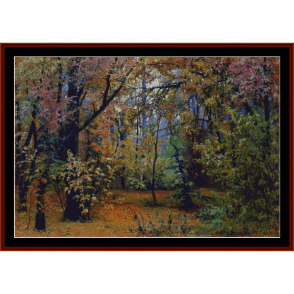 Counted Cross Stitch Pattern by Cross Stitch Collectibles depicting a forest scene with autumn colors, framed in a black border.