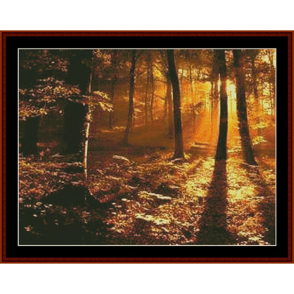 Counted Cross Stitch Pattern by Cross Stitch Collectibles of a forest scene with sunlight filtering through trees