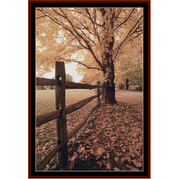 Counted Cross Stitch Pattern by Cross Stitch Collectibles depicting a fall scene with a tree and a fence, compatible with Pattern Keeper.
