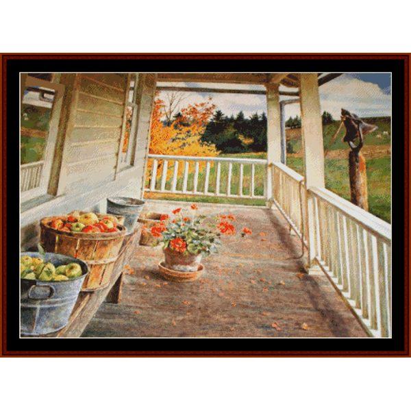 Counted Cross Stitch Pattern by Cross Stitch Collectibles featuring a porch scene with a swing, pumpkins, and flowers, predominantly in autumn colors.
