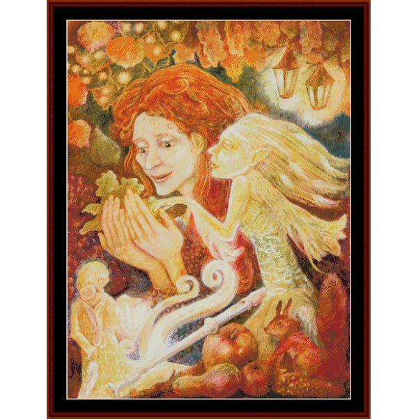 Counted Cross Stitch Pattern by Cross Stitch Collectibles of a woman with red hair holding a skeleton hand, surrounded by fruits and flowers.