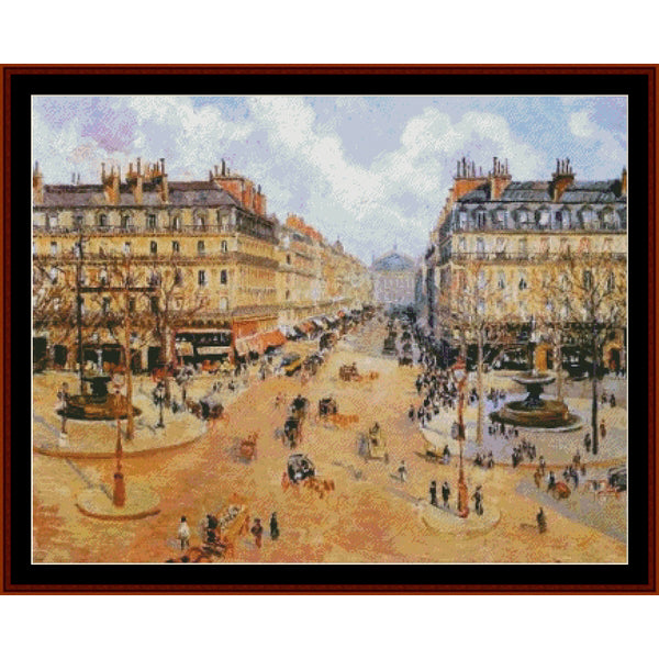Counted Cross Stitch Pattern by Cross Stitch Collectibles of a bustling city street with people and horse-drawn carriages, framed by buildings.