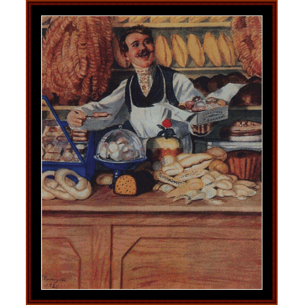 Counted Cross Stitch Pattern by Cross Stitch Collectibles of a baker behind a counter with bread and pastries