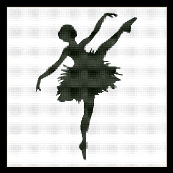 Counted Cross Stitch Pattern by Cross Stitch Collectibles of a ballet dancer in mid-movement, showing the outlined shape of the dancer on a white background.