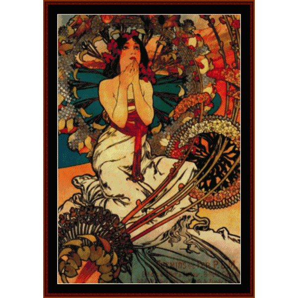 Counted Cross Stitch Pattern by Cross Stitch Collectibles depicting a stylized, colorful depiction of a woman surrounded by floral elements, based on the art of Alphonse Mucha.