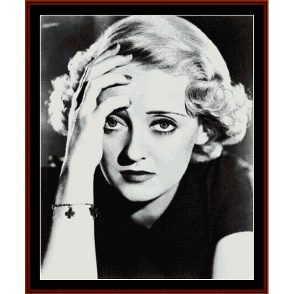 Counted Cross Stitch Pattern by Cross Stitch Collectibles of A vintage black and white photo of Bette Davis with a subtle color gradient at the top.
