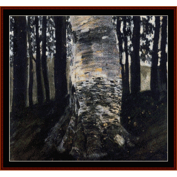 Counted Cross Stitch Pattern by Cross Stitch Collectibles depicting a birch tree in a forest setting