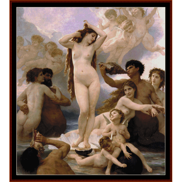 Counted Cross Stitch Pattern by Cross Stitch Collectibles depicting a classical painting with multiple figures, including a nude woman standing on a shell, surrounded by other figures on a beach-like setting.