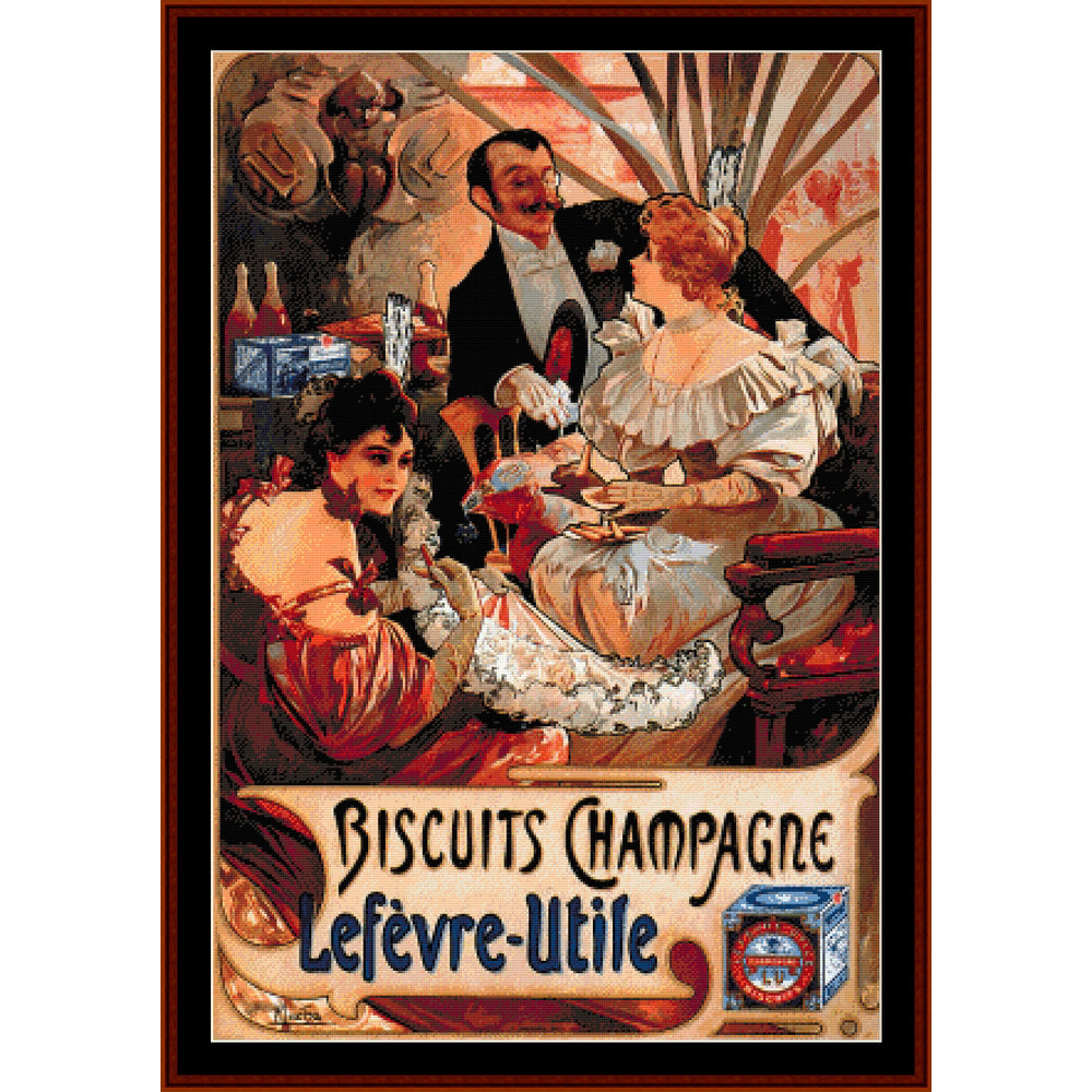 Counted Cross Stitch Pattern by Cross Stitch Collectibles of a Vintage-style advertisement poster for Biscuits Champagne Lefèvre-Utile with a couple in an elegant setting.