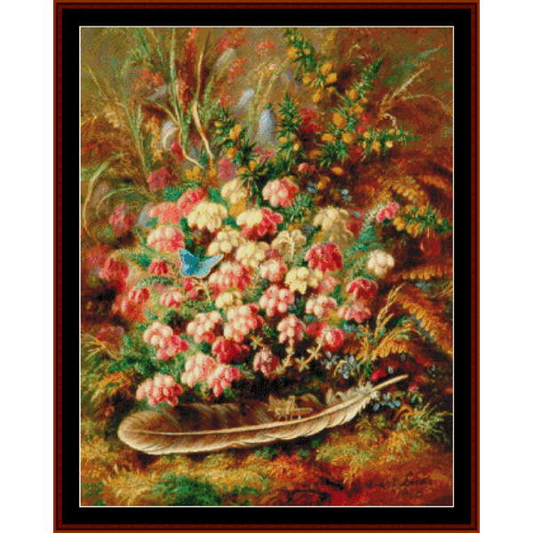 Counted Cross Stitch Pattern by Cross Stitch Collectibles - Floral arrangement with butterflies and a feather on a textured background