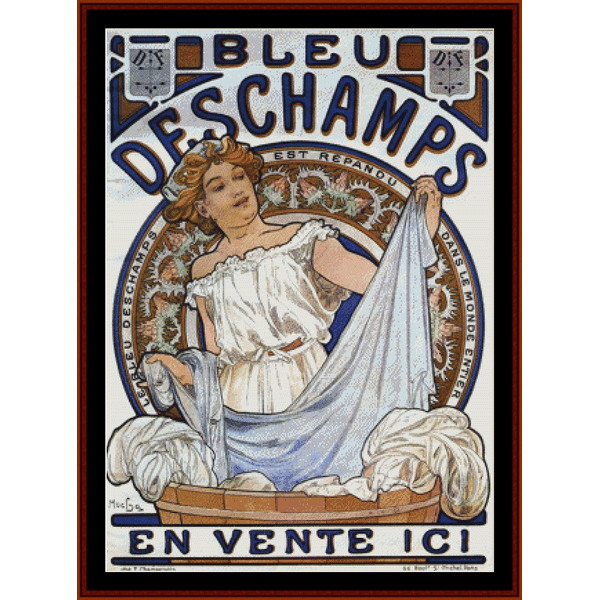 Counted Cross Stitch Pattern by Cross Stitch Collectibles featuring a woman in a classic blue and white outfit with a banner that reads 'BLEU DESCHAMPS - BEST REPUTATION'.