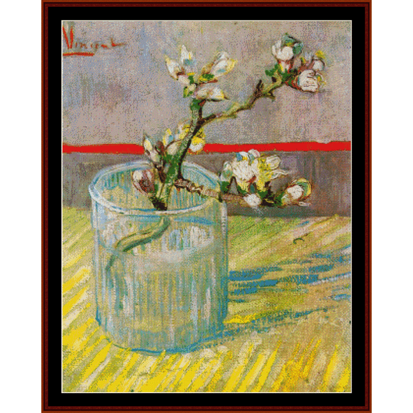 Counted Cross Stitch Pattern by Cross Stitch Collectibles depicting blossoming almond branches in a clear vase, with a style inspired by Vincent Van Gogh's artwork.