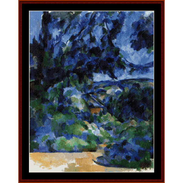 Cross Stitch Pattern by Cross Stitch Collectibles depicting a blue landscape with trees, inspired by the artwork of Paul Cezanne