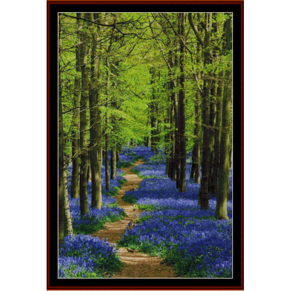 Cross Stitch Pattern by Cross Stitch Collectibles depicting a path lined with blue flowers and flanked by green trees.