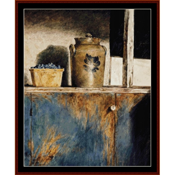 Cross Stitch Pattern by Cross Stitch Collectibles - Still life painting of a jar and basket on a wooden surface with a window in the background.