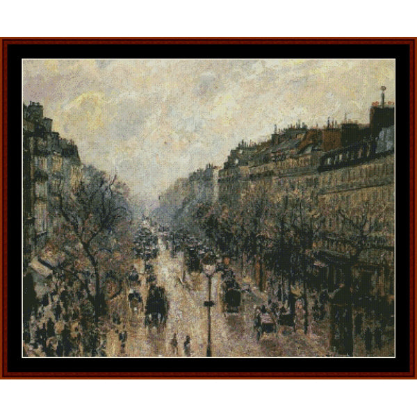 Cross Stitch Pattern by Cross Stitch Collectibles of a city street scene with buildings and people, possibly from the late 19th century.