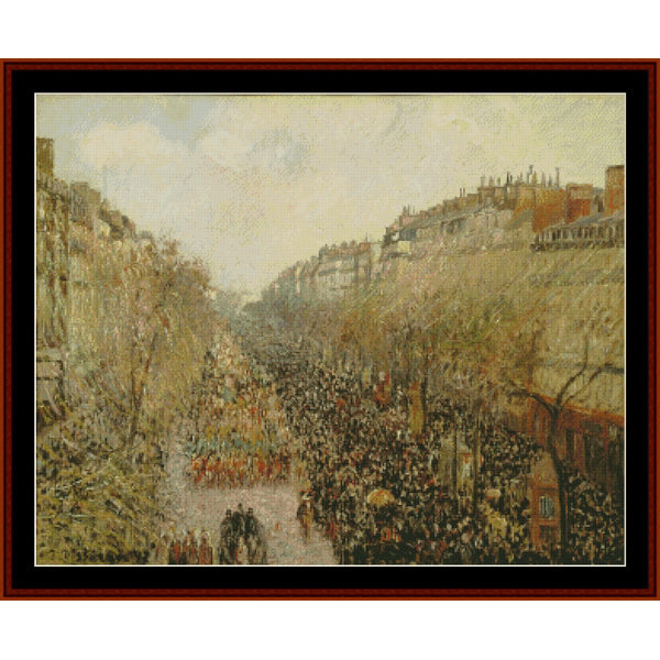 Cross Stitch Pattern by Cross Stitch Collectiblesof a crowded street scene with people and buildings.