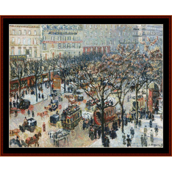 Cross Stitch Pattern by Cross Stitch Collectibles of a bustling city street scene with people and vehicles, featuring a large tree in the foreground.