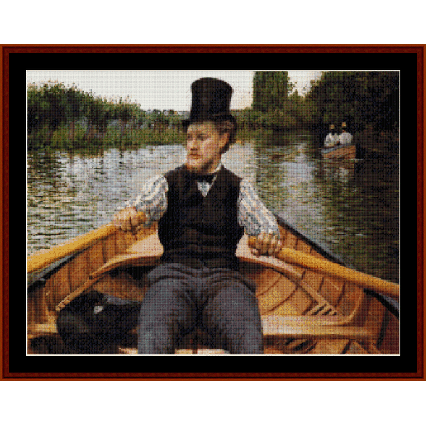 Counted Cross Stitch Pattern by Cross Stitch Collectibles of a Man in a boat with a top hat on a river scene