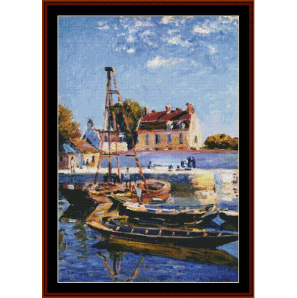 Counted Cross Stitch Pattern by Cross Stitch Collectibles by Cross Stitch Collectibles of a harbor scene with boats and buildings.