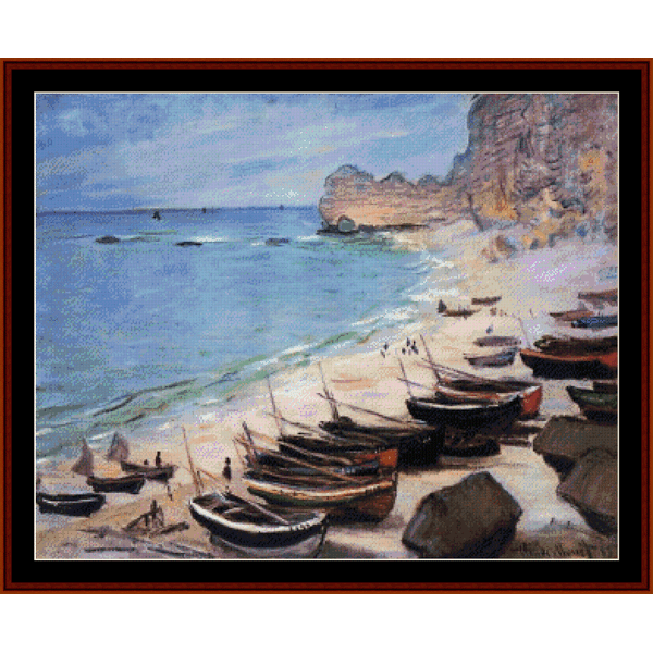Counted Cross Stitch Pattern by Cross Stitch Collectibles depicting 'Boats on the Beach at Etretat' by Claude Monet, with boats anchored off the coast near a rocky shore.